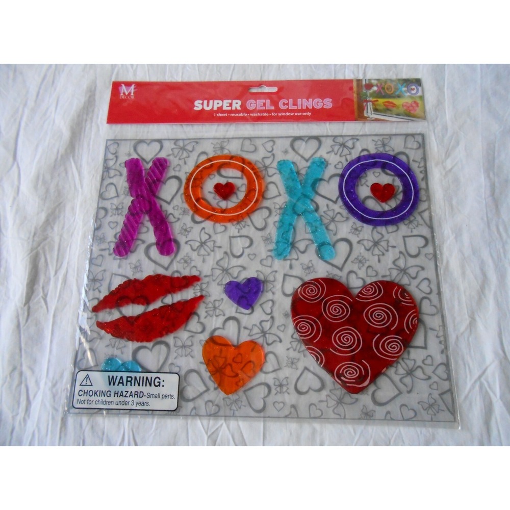 NEW LARGE Valentine's Day Hearts XOXO Glittery Window Gel Clings Stickers 12 ct